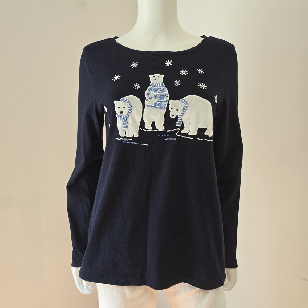 Talbots Polar Bears Winter T-Shirt Top Embellished Beaded Size M Navy Long Sleev